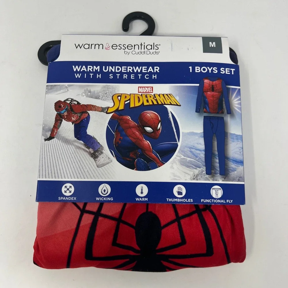 Warm Essentials Cuddl Duds Thermal Set Boys M 8/10 Blue Spider-Man Stretch Base